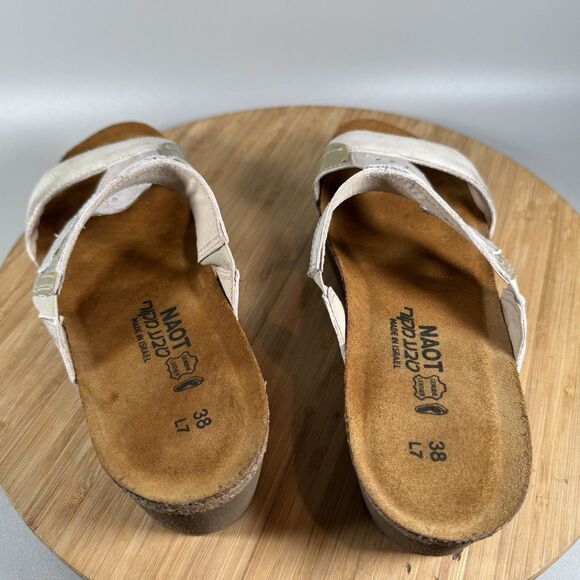 NAOT Sandals Womens 38 US 7 Ivory Brown Leather Strappy Comfort Cork Wedge Shoes - Picture 4 of 6